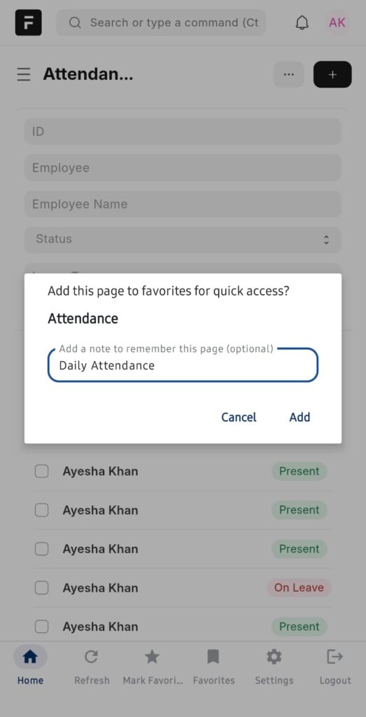 ERPNext Mobile app adding a page to quick access shortcuts