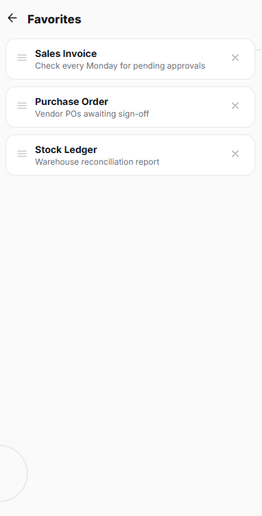 ERPNext Mobile app favorites screen for saved reports and records