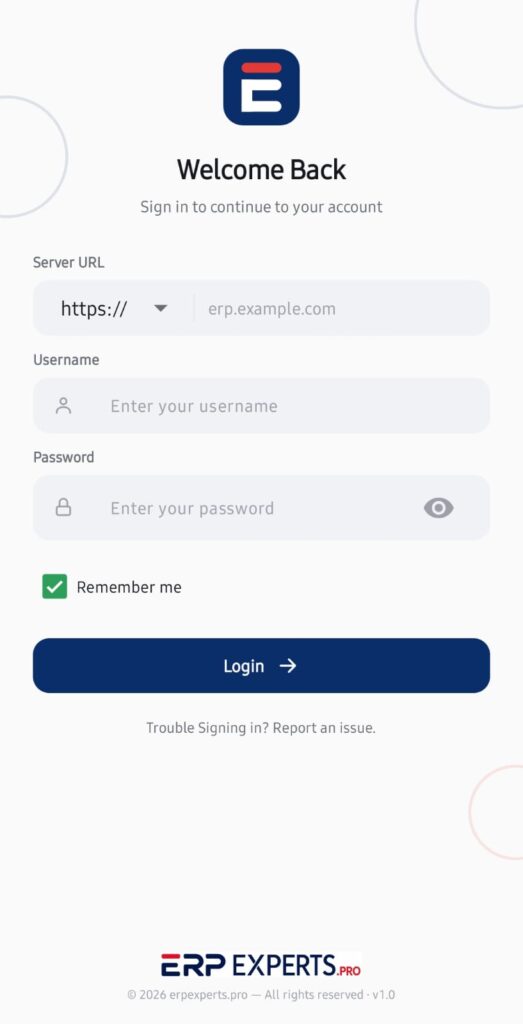 ERPNext Mobile app secure login screen connecting to your ERPNext or Frappe server